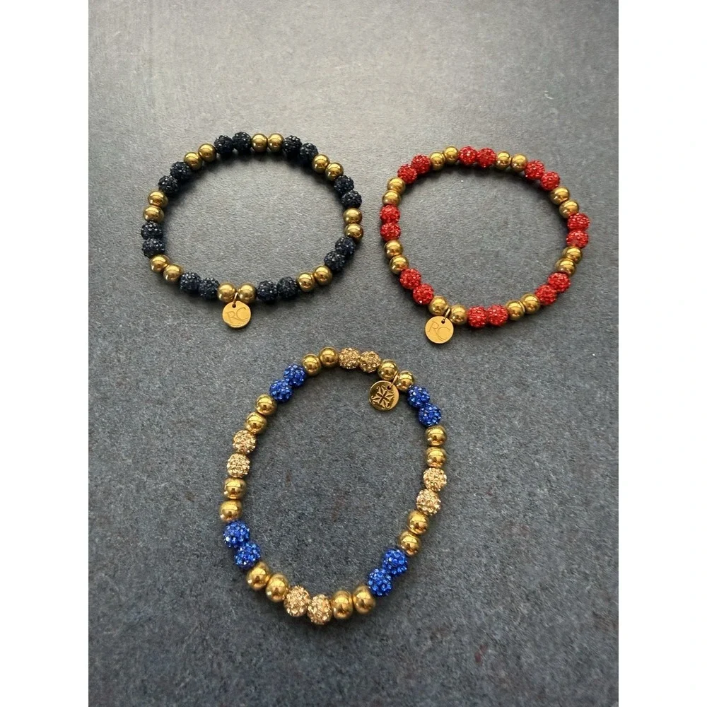 Rustic Cuff Beaded Bracelet Gold w/ Red Navy Royal Blue Set of 3 Logo Charm
